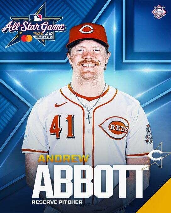 Andrew Abbott入選2025年MLB全明星賽，身穿辛辛那提紅人隊球衣，背景為藍色星型設計，圖上顯示“All-Star Game”與“Reserve Pitcher”字樣