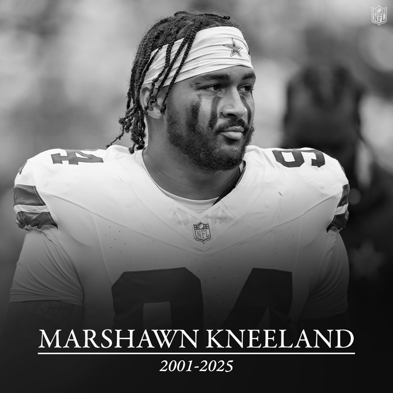 NFL達拉斯牛仔防守邊鋒馬肖恩・尼蘭德（Marshawn Kneeland）於球隊比賽中慶祝達陣。